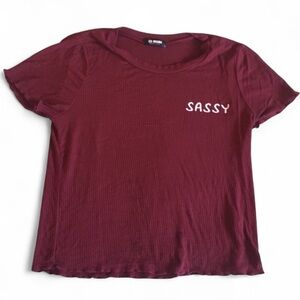G MINI “SASSY” MAROON SHORT SLEEVE RIBBED STRETCHY TOP SIZE SMALL